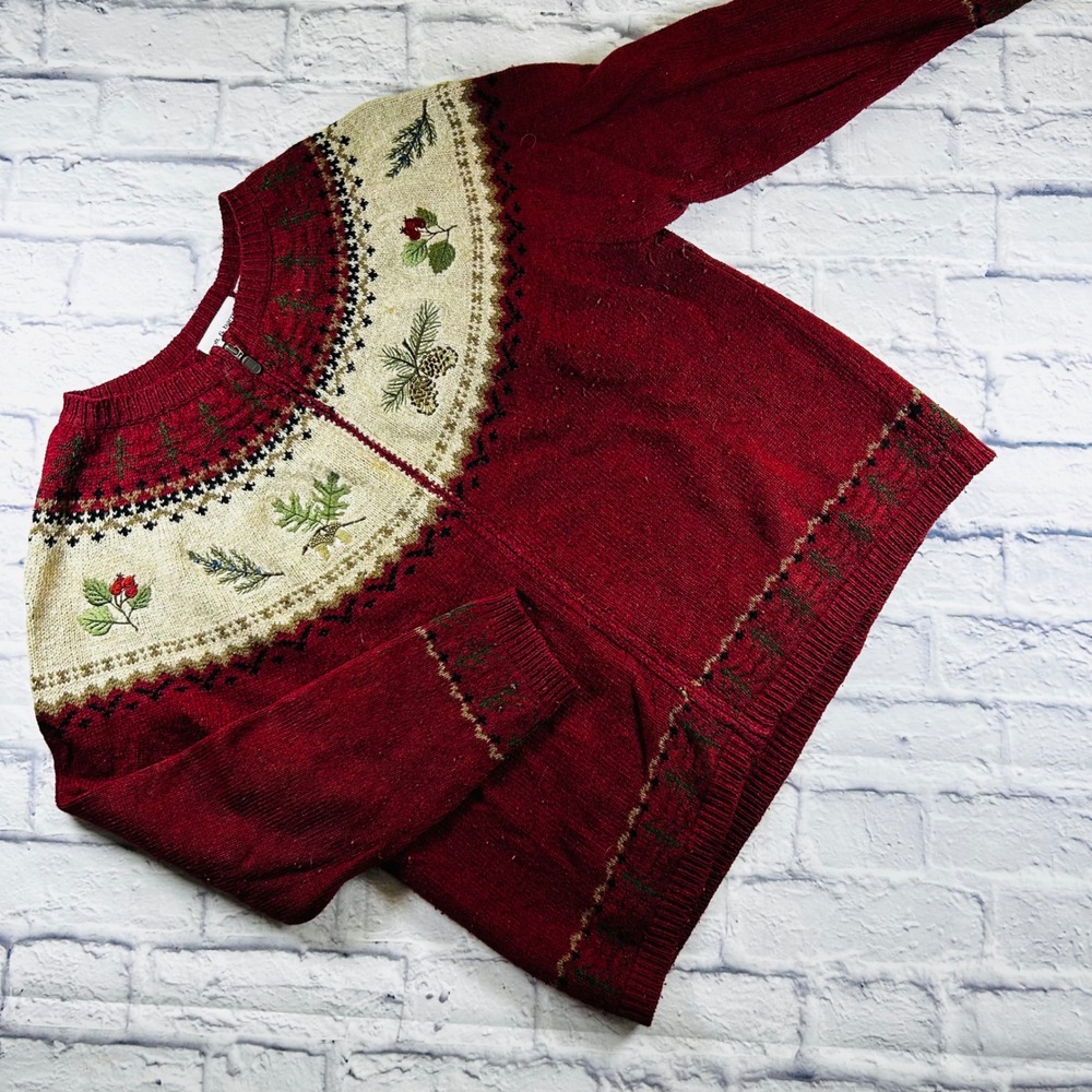 Croft & Barrow Womens Large Burgundy Embroidered Pine Cone Zip Cardigan Sweater